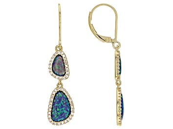 Picture of Blue Lab Created Opal 18k Yellow Gold Over Sterling Silver Dangle Earrings 0.61ctw