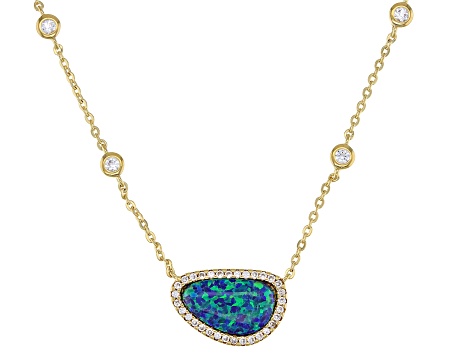 Blue Lab Created Opal 18k Yellow Gold Over Sterling Silver Necklace 0.39ctw