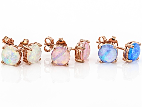 White, Pink, and Blue Lab Created Opal 18k Rose Gold Over Silver Set of 3 Stud Earrings 6mm Round