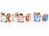 White, Pink, and Blue Lab Created Opal 18k Rose Gold Over Silver Set of 3 Stud Earrings 6mm Round