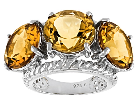 Yellow Brazilian Citrine Rhodium Over Sterling Silver 3-Stone Ring 18.00ctw
