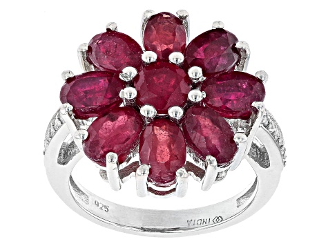 Red Mahaleo® Ruby and White Zircon Rhodium Over Sterling Silver Flower Ring 5.59ctw