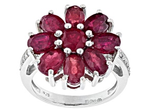 Red Mahaleo® Ruby and White Zircon Rhodium Over Sterling Silver Flower Ring 5.59ctw