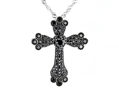 Black Spinel Rhodium Over Sterling Silver Cross Pendant With Chain 1.26ctw