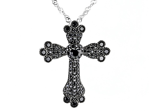 Black Spinel Rhodium Over Sterling Silver Cross Pendant With Chain