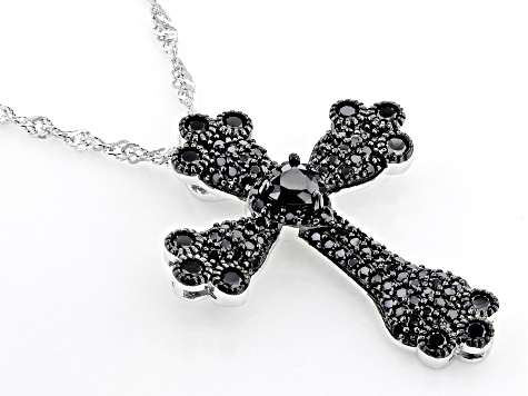 Black Spinel Rhodium Over Sterling Silver Cross Pendant With Chain 1.26ctw