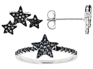 Picture of Black Spinel Rhodium Over Sterling Silver Star Ring and Earring Set 0.60ctw