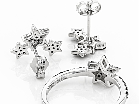 Jtv Black Spinel Rhodium Over Sterling Silver Star Ring and Earring Set 0.60ctw