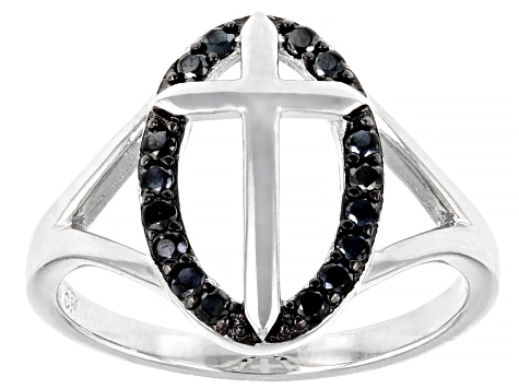 Black Spinel Rhodium Over Sterling Silver Cross Ring 0.26ctw