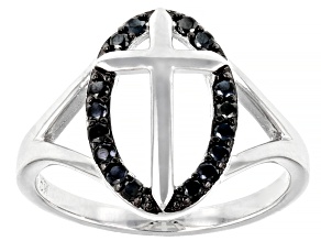 Black Spinel Rhodium Over Sterling Silver Cross Ring 0.26ctw