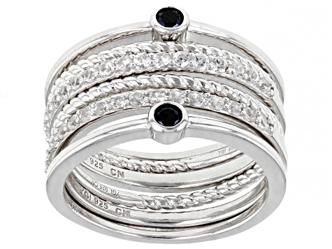 Black Spinel Rhodium Over Sterling Silver 6pc Ring Set. 0.79ctw