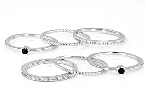 Black Spinel Rhodium Over Sterling Silver 6pc Ring Set. 0.79ctw