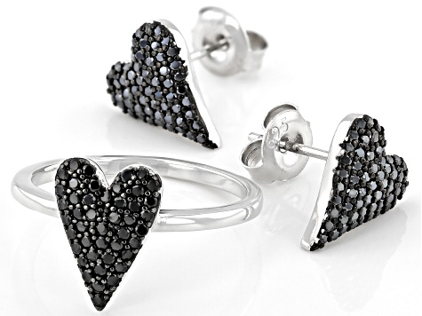Black Spinel Rhodium Over Sterling Silver Ring And Earrings Set 0.95ctw