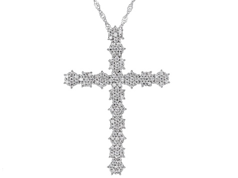 White Zircon Rhodium Over Sterling Silver Cross Pendant With Chain 2.28ctw White Zircon Rhodium Over Sterling Silver Cross Pendant With Chain 2.28ctw
