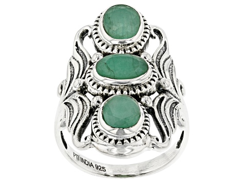 3 Stone Emerald Silver Ring