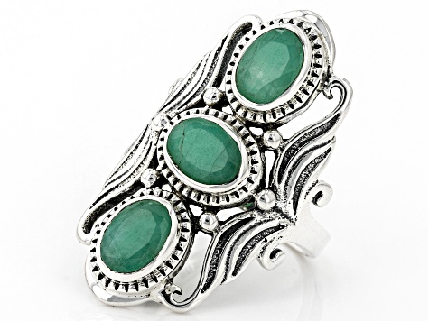 Green Emerald Sterling Silver 3-Stone Ring. 1.50ctw