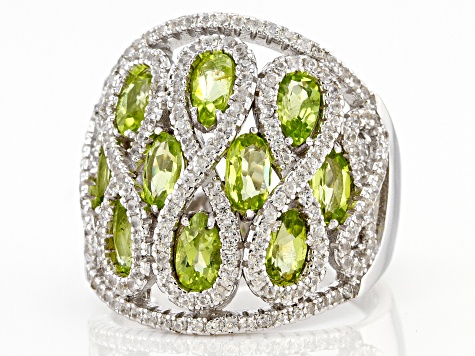 Green Peridot Rhodium Over Sterling Silver Ring 5.06ctw