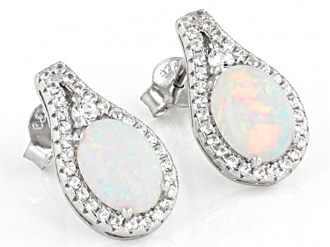 White Lab Created Opal Rhodium Over Silver Earrings 1.05ctw