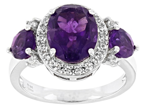 Purple Amethyst Rhodium Over Sterling Silver 3-Stone Ring 2.85ctw ...