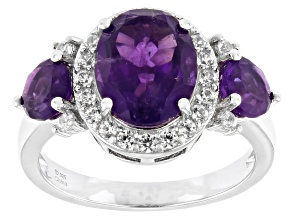 Purple Amethyst Rhodium Over Sterling Silver 3-Stone Ring 2.85ctw