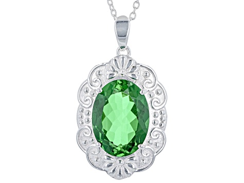 Green Color Quartz Doublet Rhodium Over Brass Sterling Silver With Chain