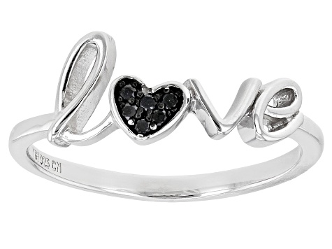 Black Spinel Rhodium Over Sterling Silver Love Ring 0.04ctw