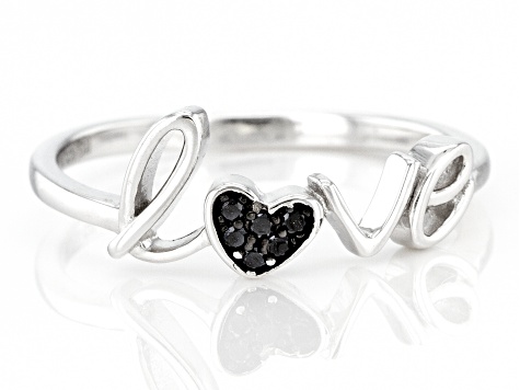 Black Spinel Rhodium Over Sterling Silver Love Ring 0.04ctw