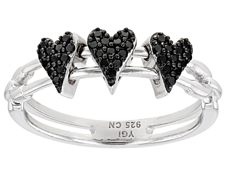 Black Spinel Rhodium Over Sterling Silver Heart Ring 0.20ctw