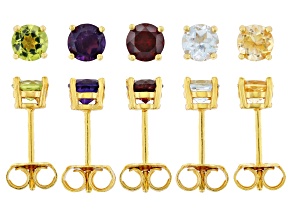 Multicolor Multi Gemstone 18k Yellow Gold Over Sterling Silver Stud Earrings Set of 5 4.49ctw