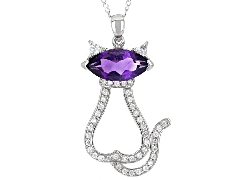 Purple Amethyst Rhodium Over Silver Cat Pendant Chain 3.40ctw