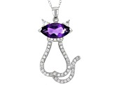 Purple Amethyst Rhodium Over Silver Cat Pendant Chain 3.40ctw
