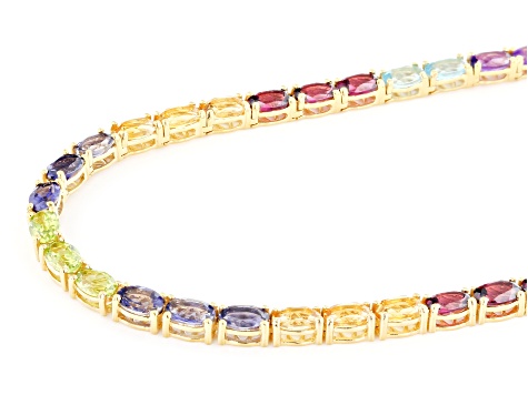 Multi-Color Multi Gemstone 18K Yellow Gold Over Sterling Silver Tennis Necklace 29.18ctw