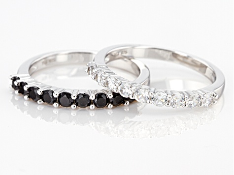 Black Spinel Rhodium Over Sterling Silver Band Ring  Set 1.60ctw