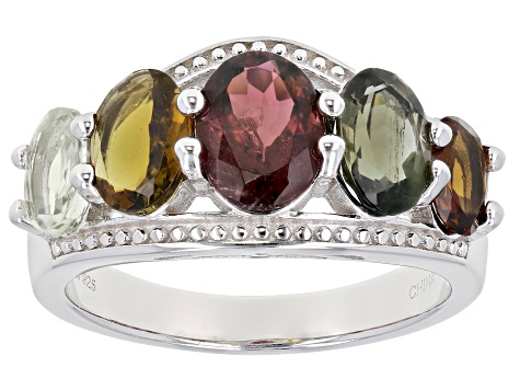 Multi-color Tourmaline Rhodium Over Sterling Silver Band Ring 3.56ctw