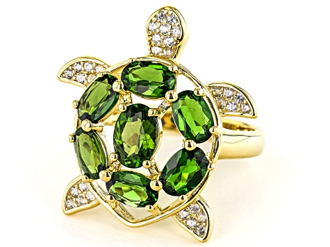 Green Chrome Diopside 18k Yellow Gold Over Sterling Silver Turtle Ring 3.42ctw