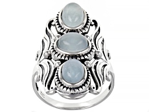 Blue Aquamarine Rhodium Over Sterling Silver 3-stone Ring