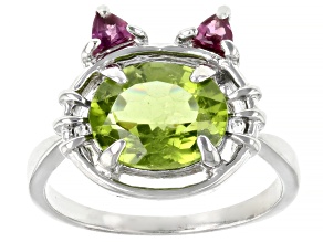 Green Peridot Rhodium Over Sterling Silver Cat Ring 3.00ctw