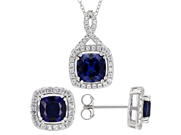 Picture of Blue Lab Created Sapphire Rhodium Over Sterling Silver Pendant And Earrings Set 6.05ctw