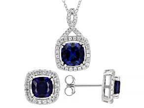 Blue Lab Created Sapphire Rhodium Over Sterling Silver Pendant And Earrings Set 6.05ctw