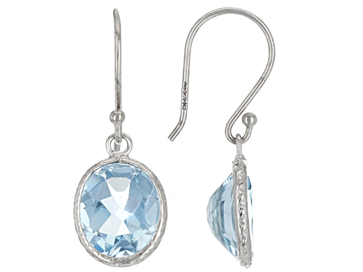 Vintage Oval Sky Blue & White Glass Sterling Silver Drop Earrings 