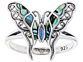 Multi-color Abalone Shell Rhodium Over Silver Butterfly Ring