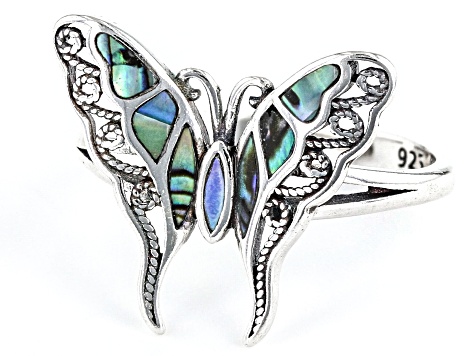Multi-color Abalone Shell Rhodium Over Silver Butterfly Ring