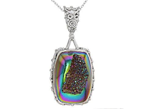 Multicolor Drusy Quartz Sterling Silver Pendant With Chain