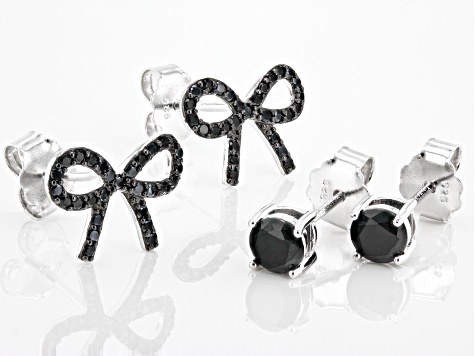 Black Spinel Rhodium Over Sterling Silver Stud Earrings Set 1.50ctw