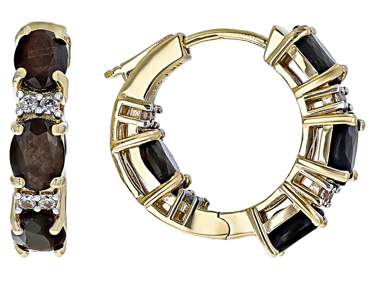 Brown Golden Sheen Sapphire 18k Yellow Gold Over Sterling Silver Hoop Earrings 6.97ctw