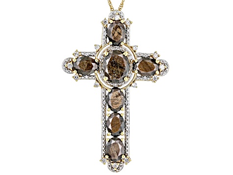 Brown Golden Sheen Sapphire 18k Yellow Gold Over Sterling Silver Cross Pendant 12.12ctw