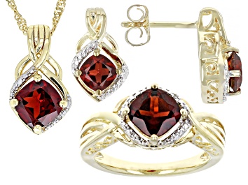 Picture of Red Garnet 14k Yellow Gold Over Sterling Silver Ring, Earrings, & Pendant With Chain Set 4.71ctw