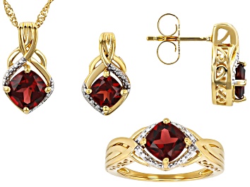 Picture of Red Garnet 14k Yellow Gold Over Sterling Silver Ring, Earrings, & Pendant With Chain Set 4.71ctw