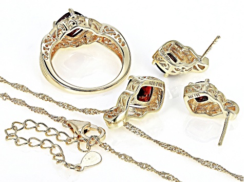 Red Garnet 14k Yellow Gold Over Sterling Silver Ring, Earrings, & Pendant With Chain Set 4.71ctw