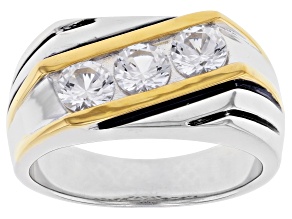 White Lab Sapphire Rhodium and 14K Yellow Gold Over Sterling Silver Men's Ring 1.85ctw